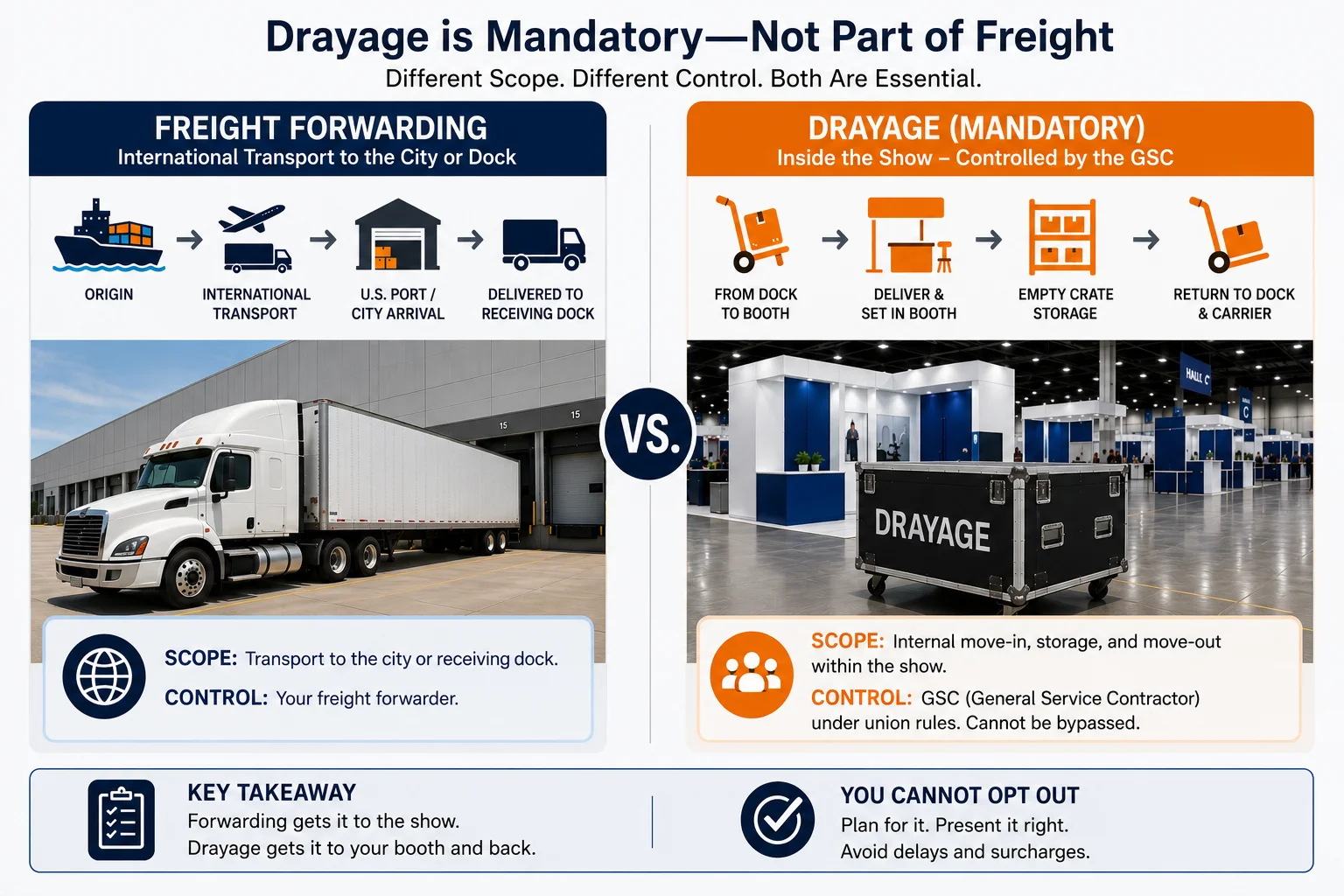 difference between drayage and freight forwarding at trade shows